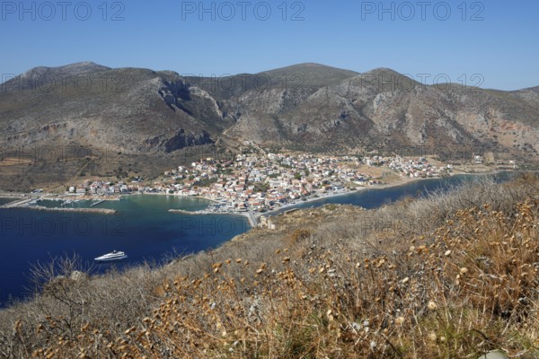 Coastal town of Gefyra, near the rock of Monemvasia, Monemvassia, Monemwassia, Monembasia, in the Myrtoan Sea, Laconia, Peloponnese, Greece