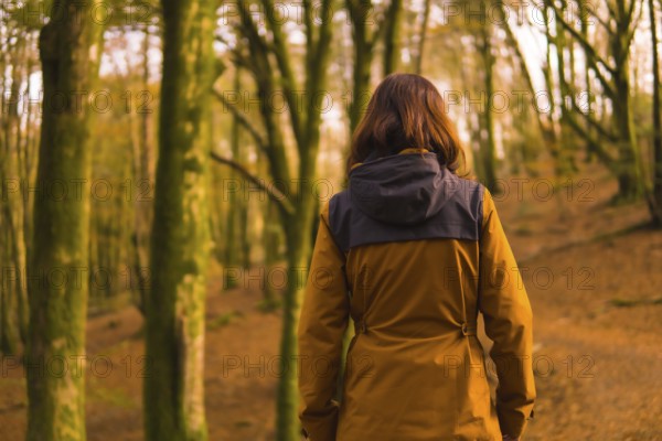 Lifestyle, a young woman in a yellow jacket walking backwards along a forest path in autumn. Artikutza Forest in San Sebastián, Gipuzkoa, Basque Country. Spain