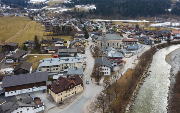 Drone image, residential buildings, view of village with parish church, Niedernsill, Salzach, Pinzgau, Salzburg province, Austria