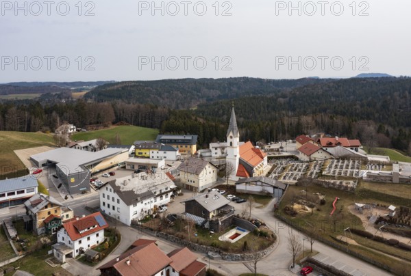 Drone image, view of the village, Sankt Johann am Walde, lnnviertel, Upper Austria, Austria