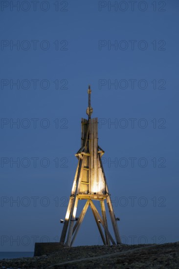 Illuminated Kugelbake, landmark, blue hour, North Sea, Lower Saxony Wadden Sea National Park, Cuxhaven, Lower Saxony, Germany