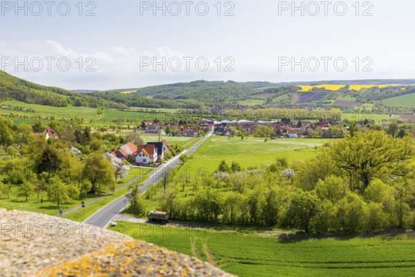 View of Tastungen from the historic Wartturm Wehnder Warte, in the background the village of Ferna, Lindenberg in Eichsfeld, Thuringia, Germany