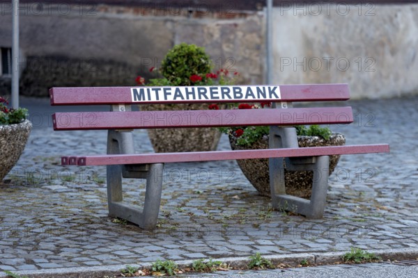 Carpooling bench, carpooling bench, public bench for private carpooling, rural, organised hitchhiking, hitchhiking, Florstadt, Wetterau, Hesse, Germany