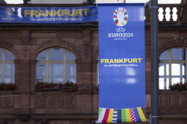 On the occasion of the European Men's Football Championship 2024 (officially UEFA EURO 2024), which will take place in Germany from 14 June to 14 July 2024, numerous banners with the inscription FRANKFURT IS UNITED BY FOOTBALL are hanging in Frankfurt am Main, one of the venues for the European Championship. The Frankfurt Waldstadion is the venue for four group matches and one round of 16 match, Frankfurt am Main, Hesse, Germany