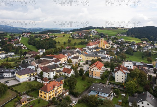 Drone image, view of village with parish church, Münzbach, Mühlviertel, Upper Austria, Austria