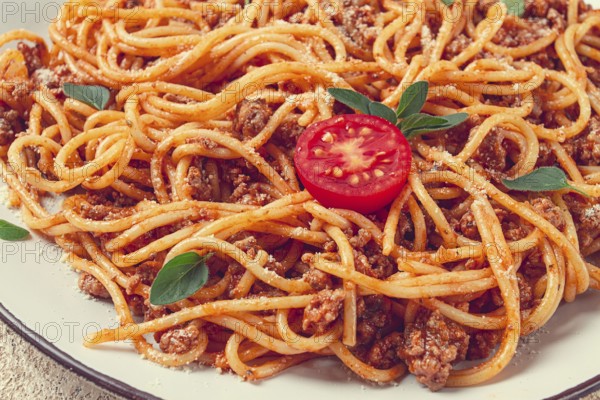 Spaghetti Bolognese, top view, close-up, no people, homemade
