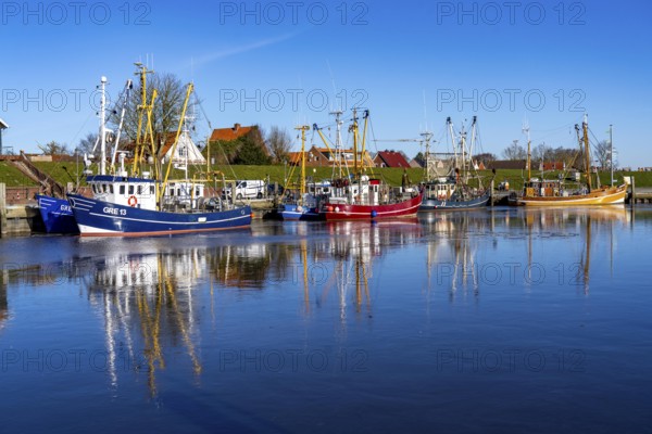 The fishing village of Greetsiel, historic fishing harbour, with the largest shrimp cutter fleet in East Frisia, historic houses, winter, partly frozen, in Lower Saxony, Germany