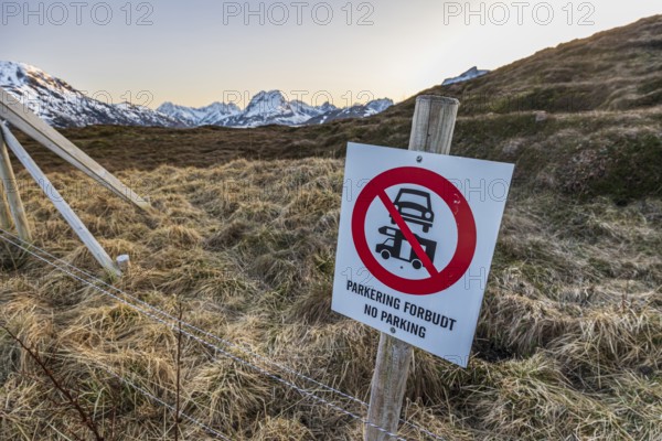 Camping and parking prohibited, prohibition sign, Moskenesoya, Lofoten, Norway