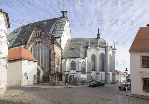 Freiberg Cathedral from the south, exterior view with Untermarkt, Freiberg, Saxony, Germany