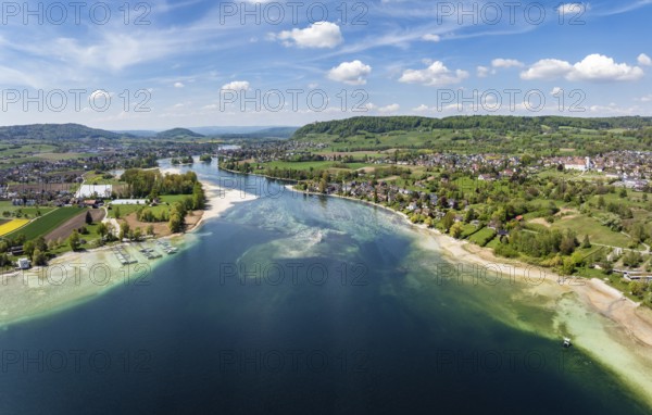 Aerial view of Lake Constance, Untersee, also known as Lake Rhine, which flows into the Rhine at Stein am Rhein, on the right the German peninsula Höri with the village of Öhningen, on the left the municipality of Eschenz in the canton of Thurgau, district of Constance, Baden-Württemberg, Germany