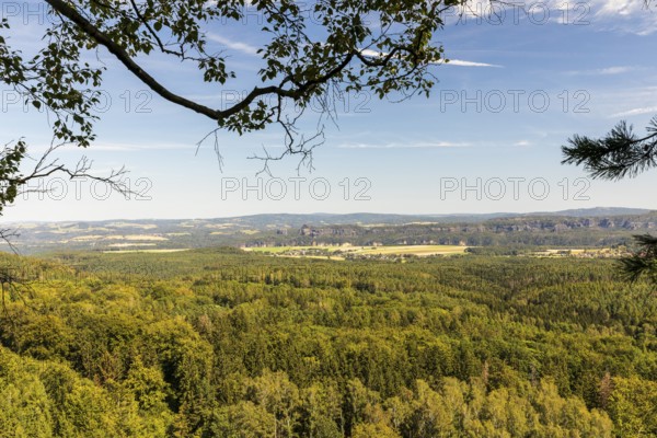 On the Großer Zschirnstein, view of the Falkenstein and the Schrammsteine, Reinhardtsdorf-Schöna, Saxon Switzerland, Saxony, Germany