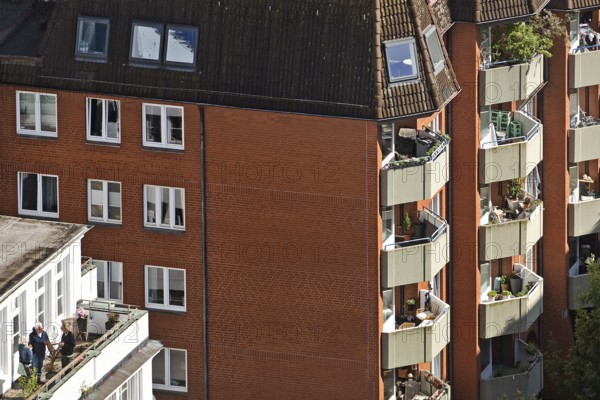 City view from above of apartment blocks with balconies, Hamburg, Germany