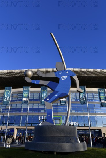 Exterior shot, statue, rotating football player with SAP advert on shirt, glass front, logo, main stand, PreZero Arena, Sinsheim, Baden-Württemberg, Germany