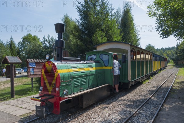 A train stands at a railway keeper's house in the forest, surrounded by summer greenery, diesel locomotive, Wls 40 type light railway locomotive with additional exhaust attachment, Wigry narrow-gauge railway, Plociczno-Tartak, Suwalki, Podlaskie, Poland
