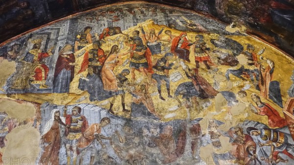 Historical fresco painting depicting a complex religious scene, Asklipio village, Asklipion, Kimisis tis Theotokou church, Rhodes, Dodecanese, Greek Islands, Greece