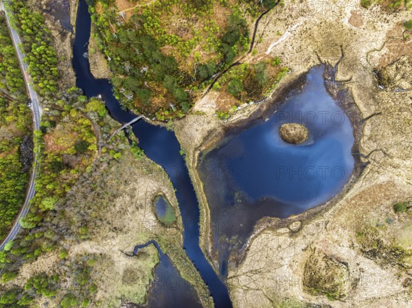 Top Down over Callop River and Marshes from a drone, Loch Shiel, Glenfinnan, West Highland, Scotland, United Kingdom