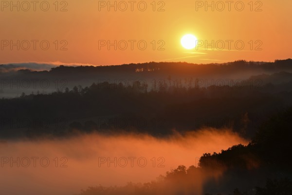 Sunrise, fog rising over the Arnsberg Forest nature park Park, North Rhine-Westphalia, Germany