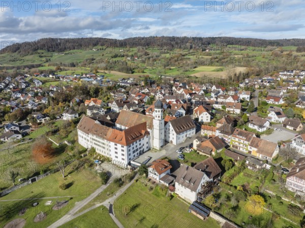 Aerial view of the former Augustinian canons' monastery and collegiate church in the Höri community of Öhningen, Höri peninsula, Lake Constance, Constance district, Baden-Württemberg, Germany