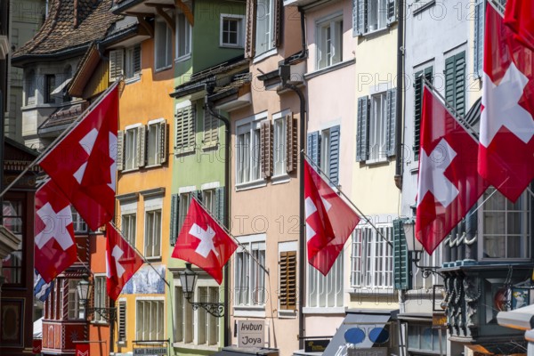 Swiss flag in the old town, Zurich, Switzerland