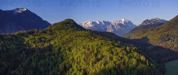 Aerial view, panorama, trees, forest, light green leaves, morning light, mountains, sunny, spring, near Murnau, Zugspitze, Wetterstein range, foothills of the Alps, Bavaria, Germany