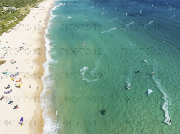 Kite surfers at the Valdevaqueros beach near Tarifa. Aerial view. Drone shot. Cádiz province, Andalusia, Spain