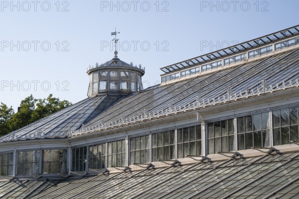 Roof, historic greenhouse with windows and small decorations, Botanical Garden or Botanisk Have, University of Copenhagen, Denmark