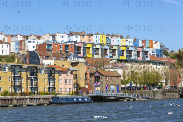 The Floating Harbour, Bristol, England, UK - colourful houses on hillside at Hotwells