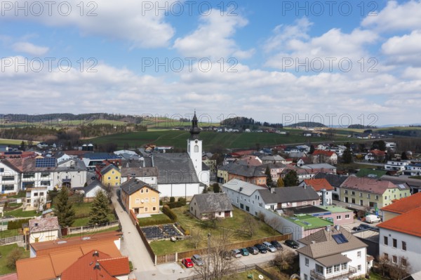 Drone image, view of the town, Lembach im Mühlkreis, Mühlviertel, Upper Austria, Austria