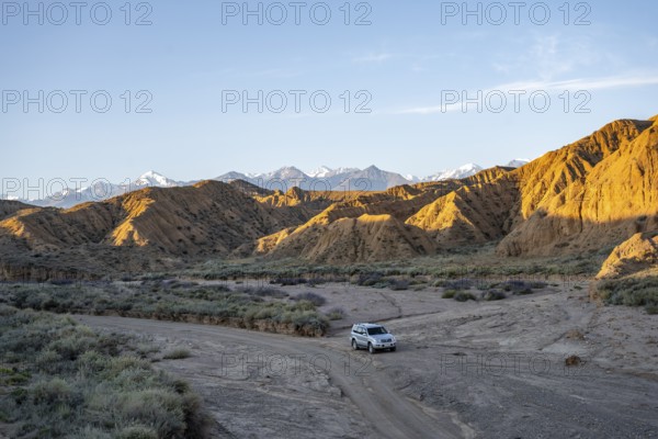 Off-road vehicle driving through a canyon, landscape of eroded hills at sunrise, badlands, white mountain peaks of the Tian Shan Mountains in the background, Canyon of the Forgotten Rivers, Issyk Kul, Kyrgyzstan