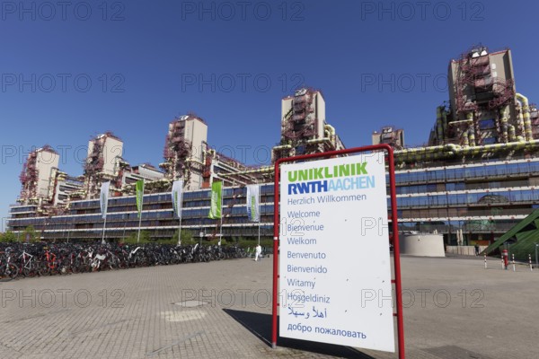 University Hospital RWTH Aachen, Welcome board in several languages, University Hospital, Aachen, North Rhine-Westphalia, Germany