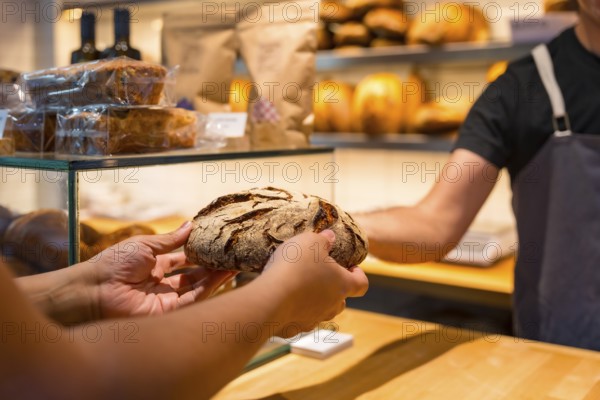 Customer hands in the bakery shop buying an artisan bread from the baker in the workshop workshop