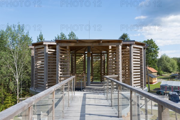 Wooden design building with glass railings and clear blue sky, modern style, observation tower, brine, graduation tower, spa town of Milomlyn, Milomlyn, Lviv, Warmia-Masuria, Poland