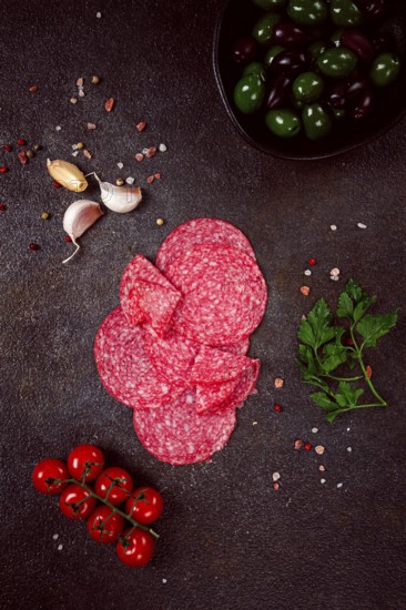 Composition of sliced salami, with fresh tomatoes, garlic and green olives, on a dark surface, appetizer, no people