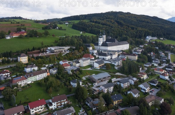 Drone image, view of the village with Cistercian monastery Schlierbach, Schlierbach, Traunviertel, Upper Austria, Austria