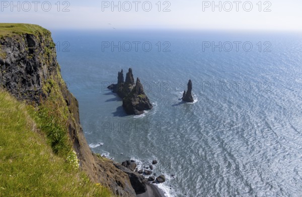Cliff, rock Reynisdrangar in the water, on Reynisfjara beach, Vik, South Iceland, Iceland