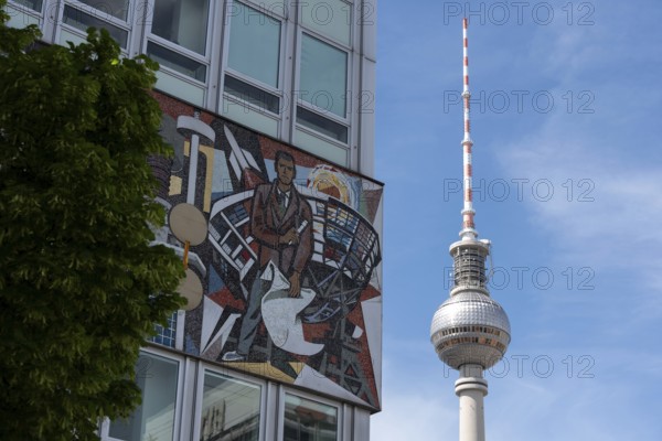 Television tower and building with wall mosaic and tree in front of blue sky, combination of art and architecture, Berlin, Germany