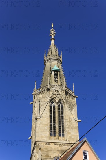 St Mary's Church Reutlingen, sacred building built from 1247 to 1343, cultural monument, Gothic church, Reformation church, Protestant church, place of worship, Christian architecture, main tower, church tower, bells, golden angel, restored in neo-Gothic style, Reutlingen, Baden-Württemberg, Germany