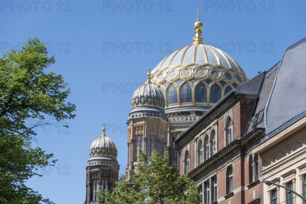 New synagogue in Berlin with golden domes and classical architecture against a blue sky, Berlin, Germany