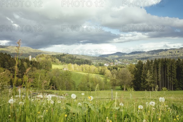View from the Kostnerhof to Drachselsried, Bavarian Forest, Bavaria, Germany