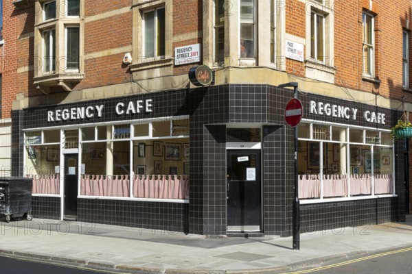 Regency cafe, Regency Street and Page Street corner, London SW1, England, UK established 1946