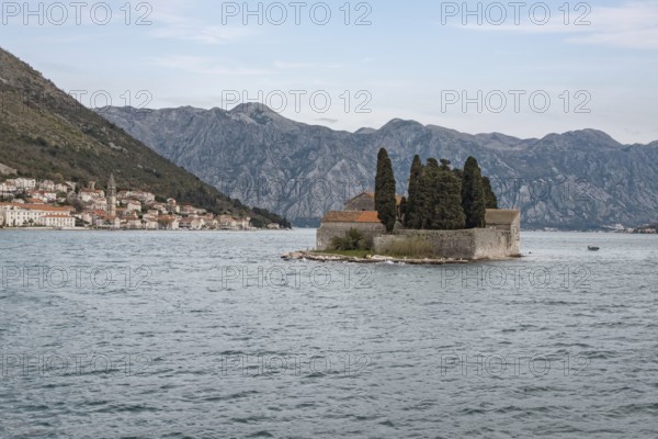 Monastery island Sveti Ðorde, German St George, on the left the village of Perast, Bay of Kotor, Montenegro, Balkans
