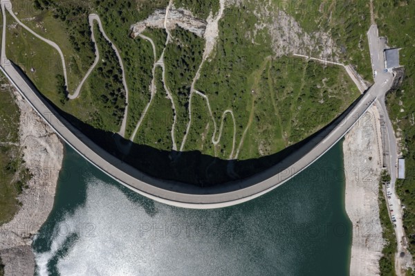 Aerial view of the dam wall at Lago di Lei in the Valle di Lei in the border region Italy, Switzerland