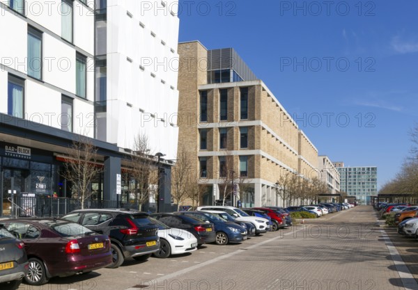 Modern architecture office buildings and car parks, Avebury Boulevard, Milton Keynes Central, Buckinghamshire, England, UK
