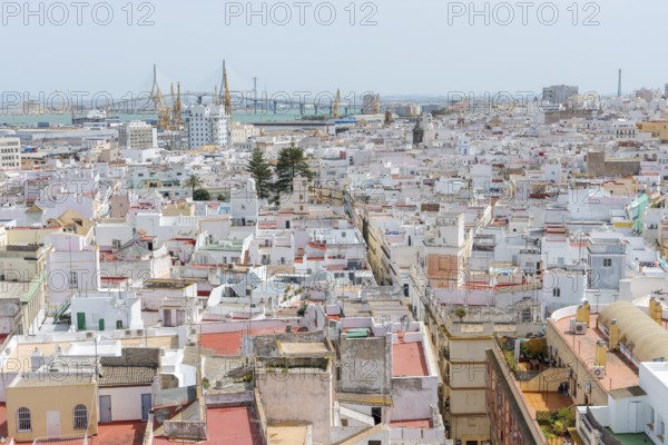 View of the Puente de la Constitución de 1812 bridge from the Torre Tavira tower over the historic centre of Cádiz, Spain