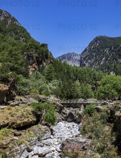 Bridge on the hiking trail through the Samaria Gorge, south coast, Crete, Greece