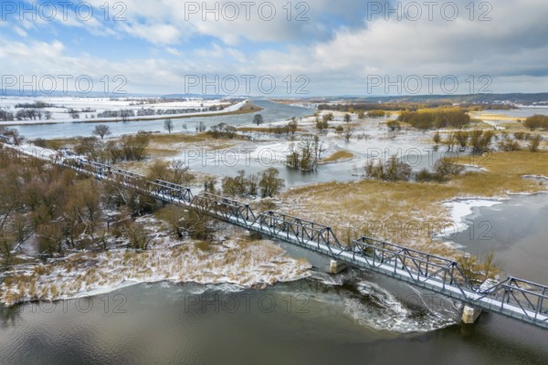 Aerial view, drone photo: Europabrücke Bienenwerder, also Europabrücke Neurüdnitz-Siekierki with snow in winter, former railway bridge over the river Oder between Bienenwerder (Oderaue) and Siekierki (Zäckerick) in the town of Cedynia (Zehden) in Poland, Oderbruch, Brandenburg, Germany
