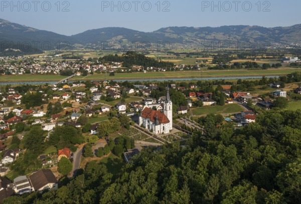 Drone image, view of town with parish church, Koblach, Rhine Valley, Vorarlberg, Austria