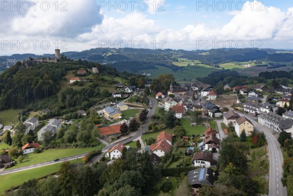 Drone shot, view of the town, Waxenberg castle ruins, Waxenberg, Mühlviertel, Upper Austria, Austria