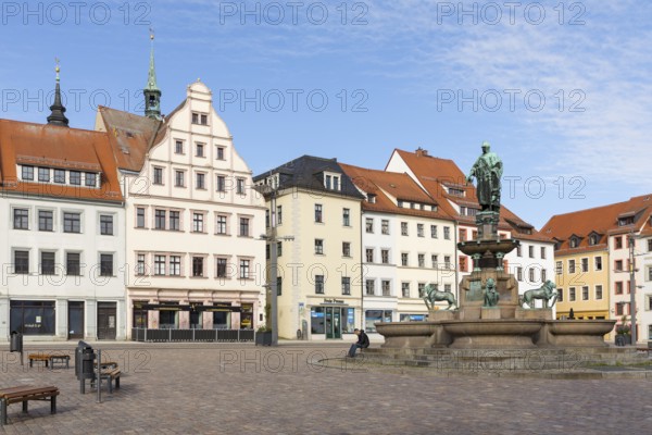 Fountain monument with Otto the Rich on the Obermarkt in Freiberg, Saxony, Germany