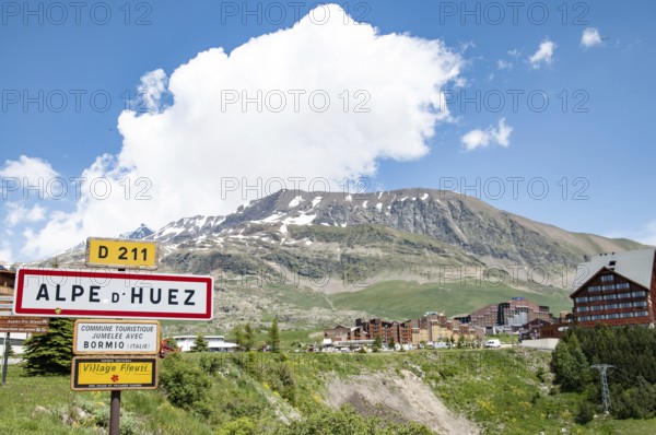 The Alpe d'Huez ski resort in the French Alps, Isère department, Auvergne-Rhône-Alpes region, France